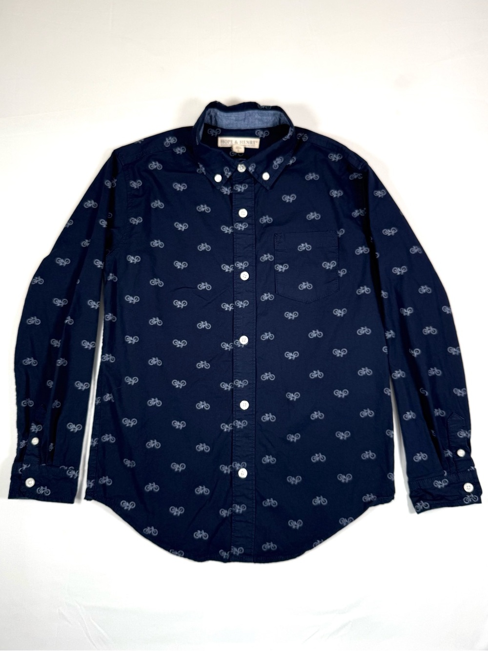 HOPE & HENRY Boy Bicycle Print Button Down Shirt L Organic Cotton Preppy Classic